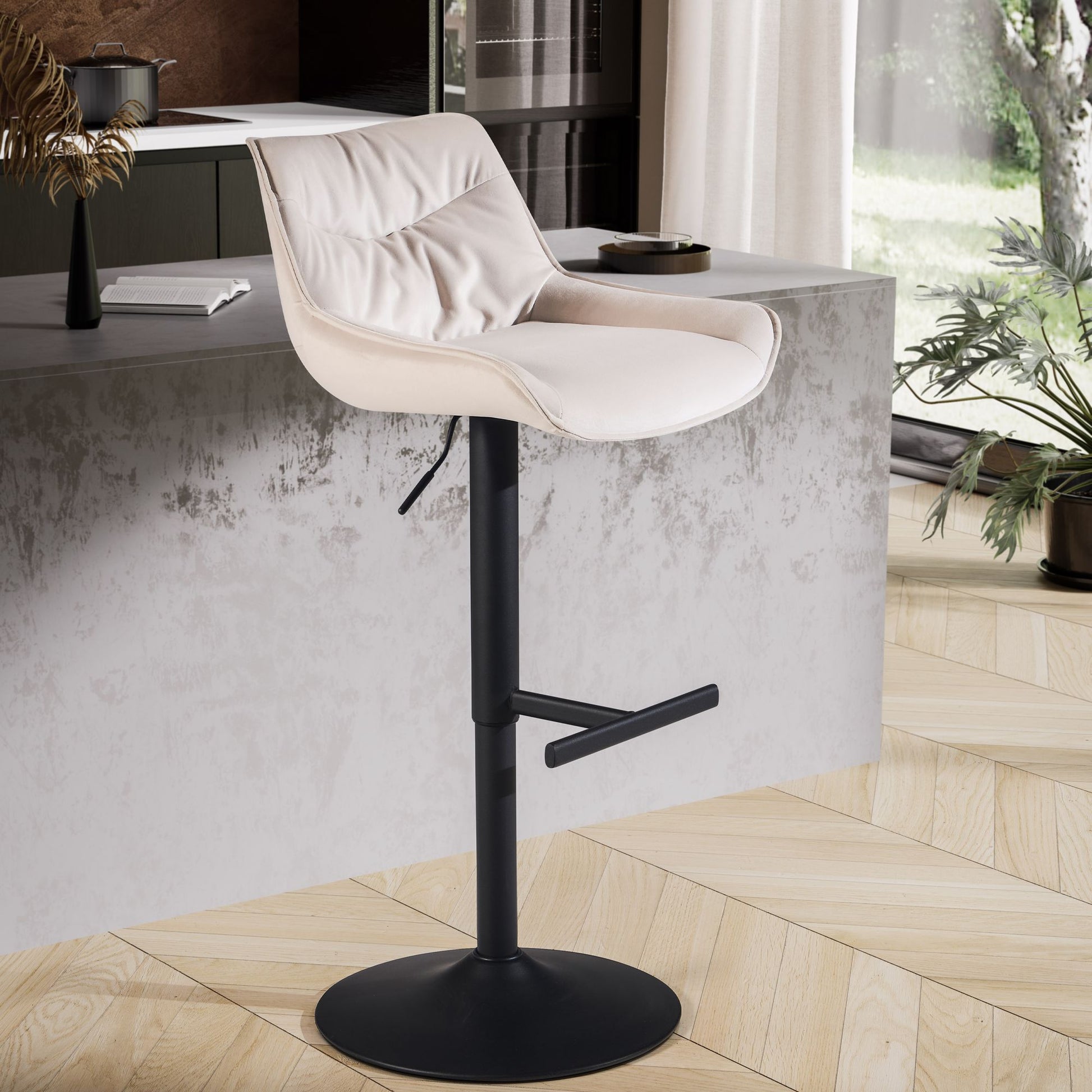 Taburete De Bar Terciopelo Beige Con Respaldo 86 - 106 Cm_1