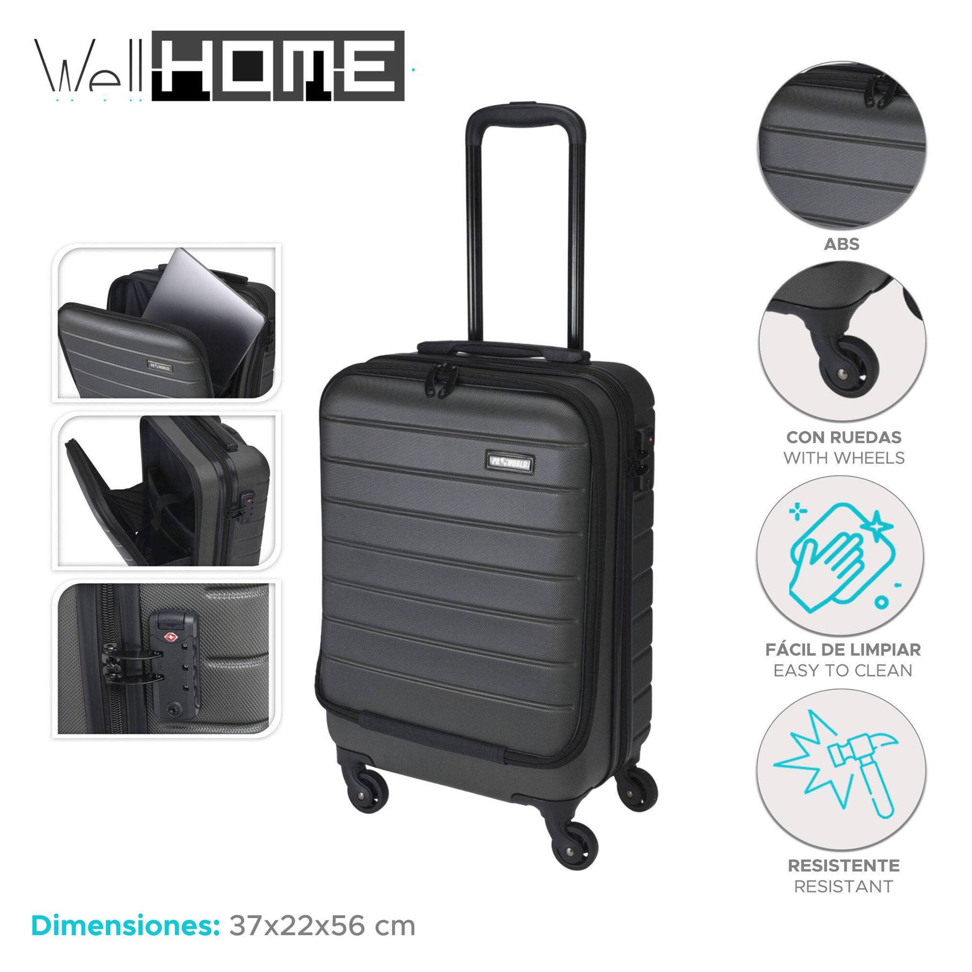 Well Home Maleta Trolley Abs De 20'' Con 4 Ruedas Color Gris Oscuro