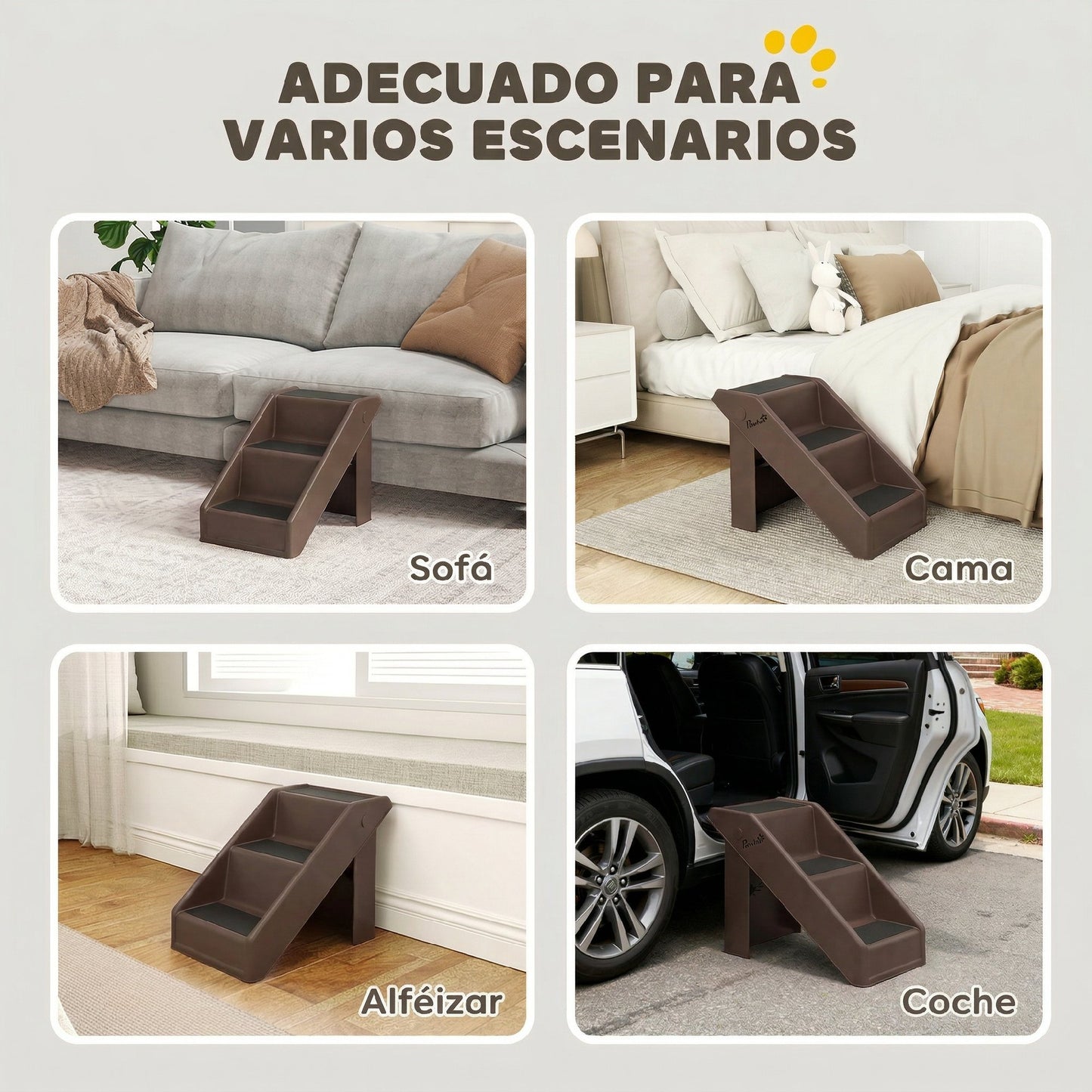 Pawhut Escalera Para Mascotas Plegable De 3 Peldaños 53x30,5x36,5 Cm Marrón_5