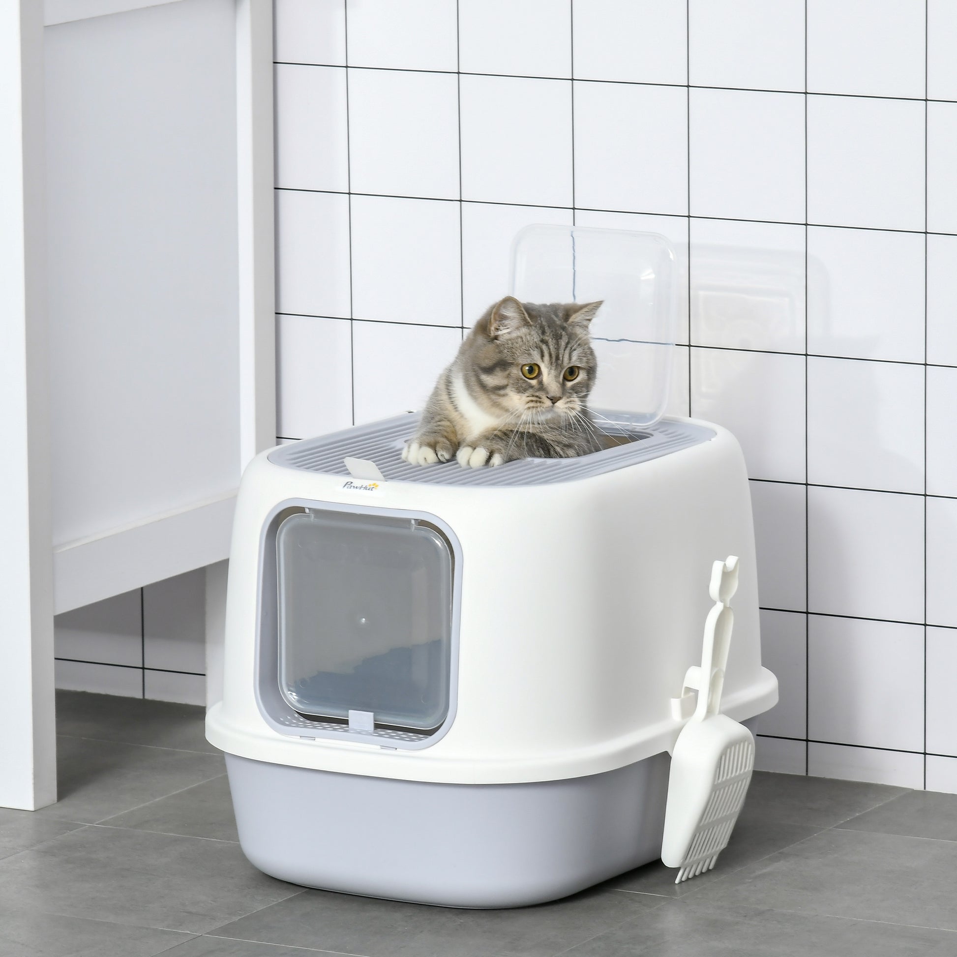 Pawhut Arenero Gatos Con Puerta Bandeja Extraíble Y Pala 40x53,5x37,5 Cm Crema_1