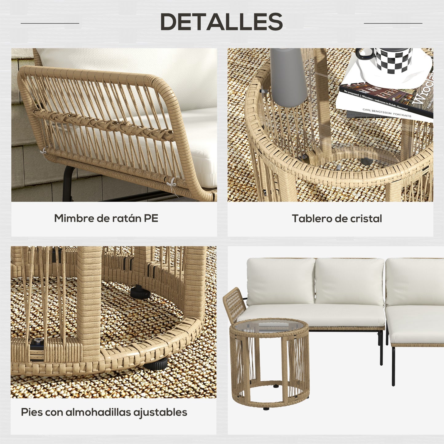 Outsunny Conjunto De Muebles De Jardín De Ratán Juego De 3 Piezas Crema_5
