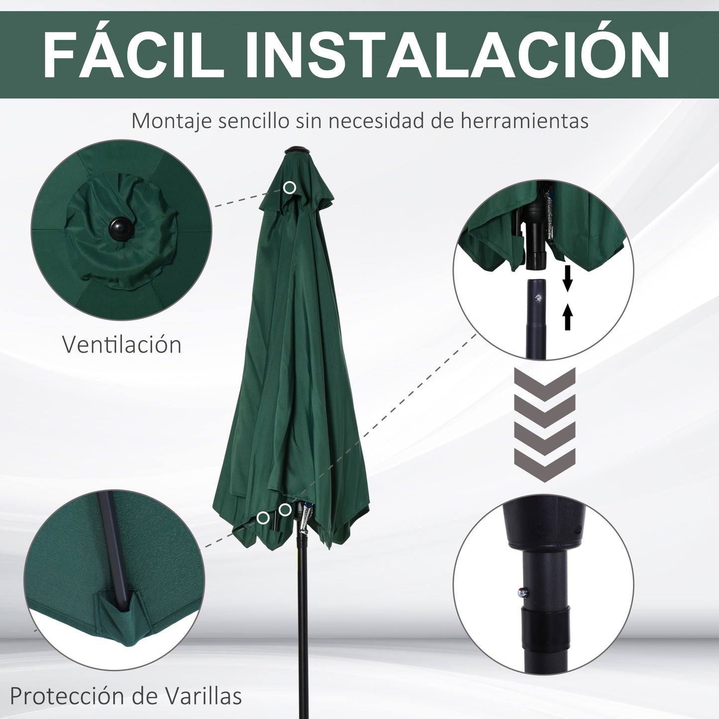 Outsunny Sombrilla De Jardín Ø260x235cm Reclinable Con Manivela 6 Varillas Verde_5