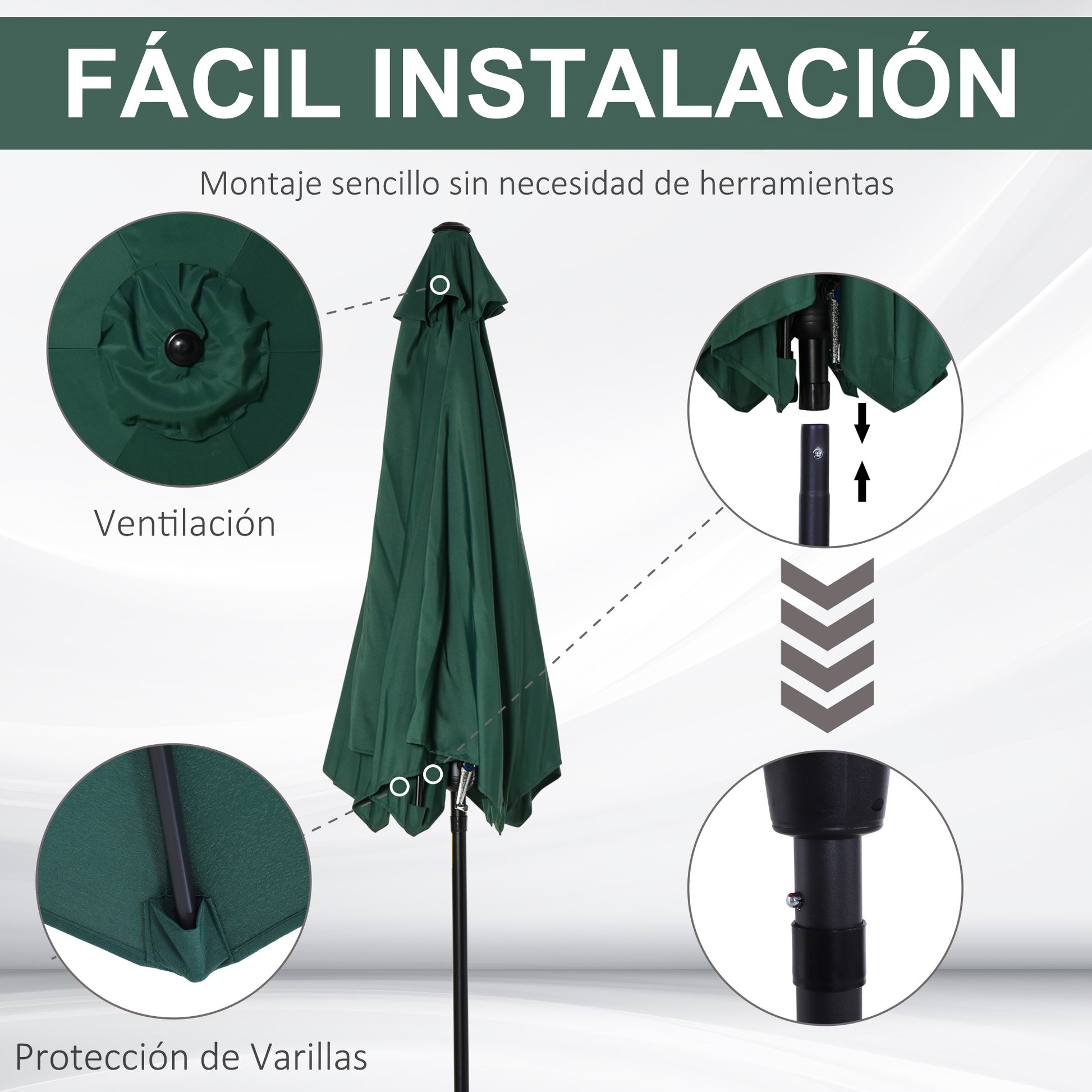 Outsunny Sombrilla De Jardín Ø260x235cm Reclinable Con Manivela 6 Varillas Verde_5