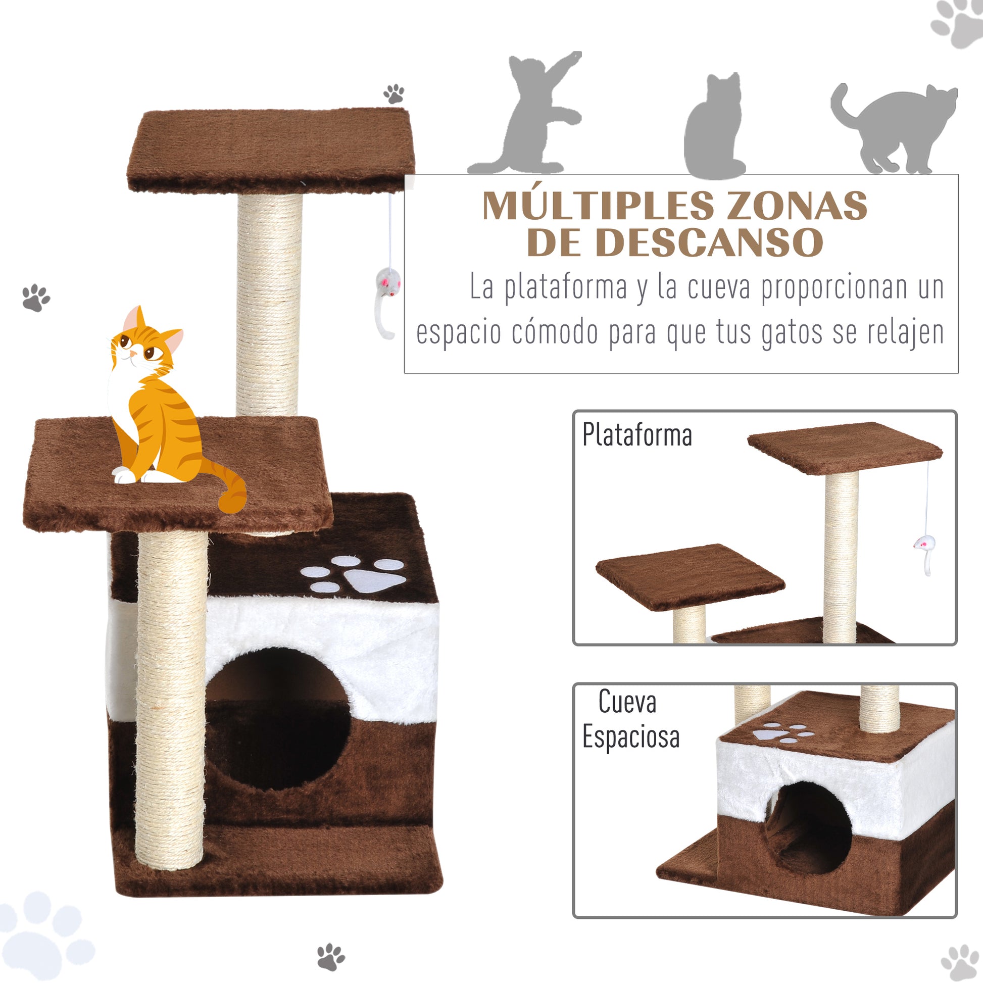 Pawhut Rascador Para Gatos 70cm Árbol Rascador Grande Centro Actividad Sisal_5