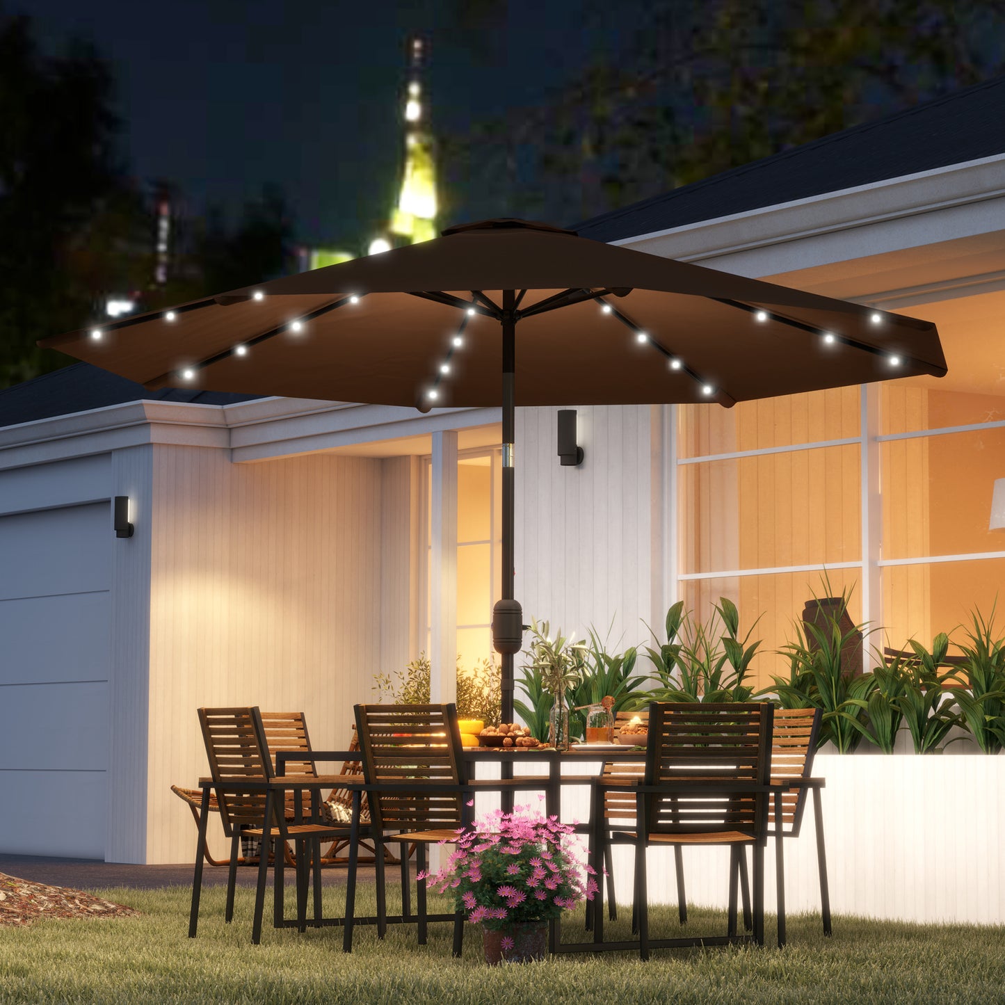 Outsunny Sombrilla Jardín Con 32 Luces Led Solares Inclinable Ø265x233 Cm Marrón_1