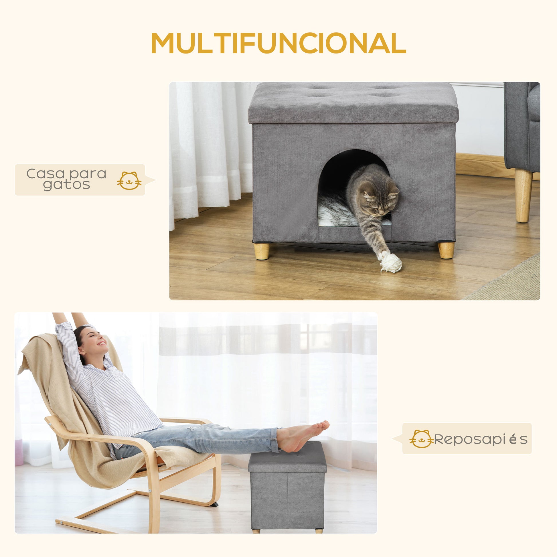 Pawhut Casa Para Gatos 2 En 1 Taburete Con Tapa Extraíble Cojín 60x45x44,5 Cm_3