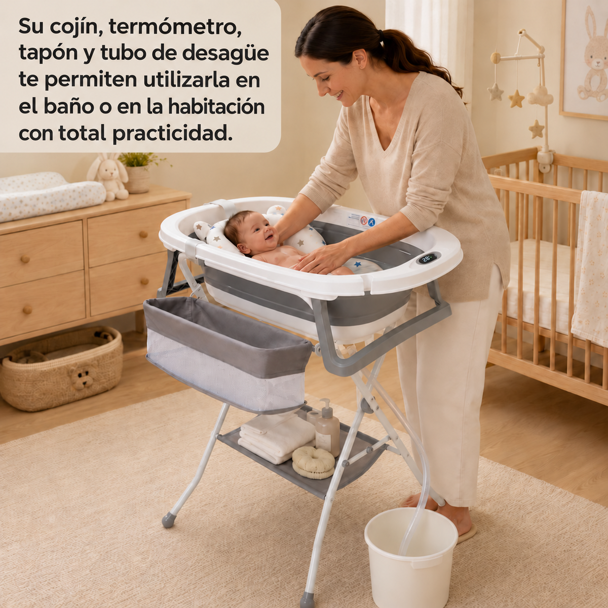 Bañera Plegable para Bebé con Cojín Reductor, termómetro, Uso con o sin Soporte, Patas Antideslizantes Bathby_3