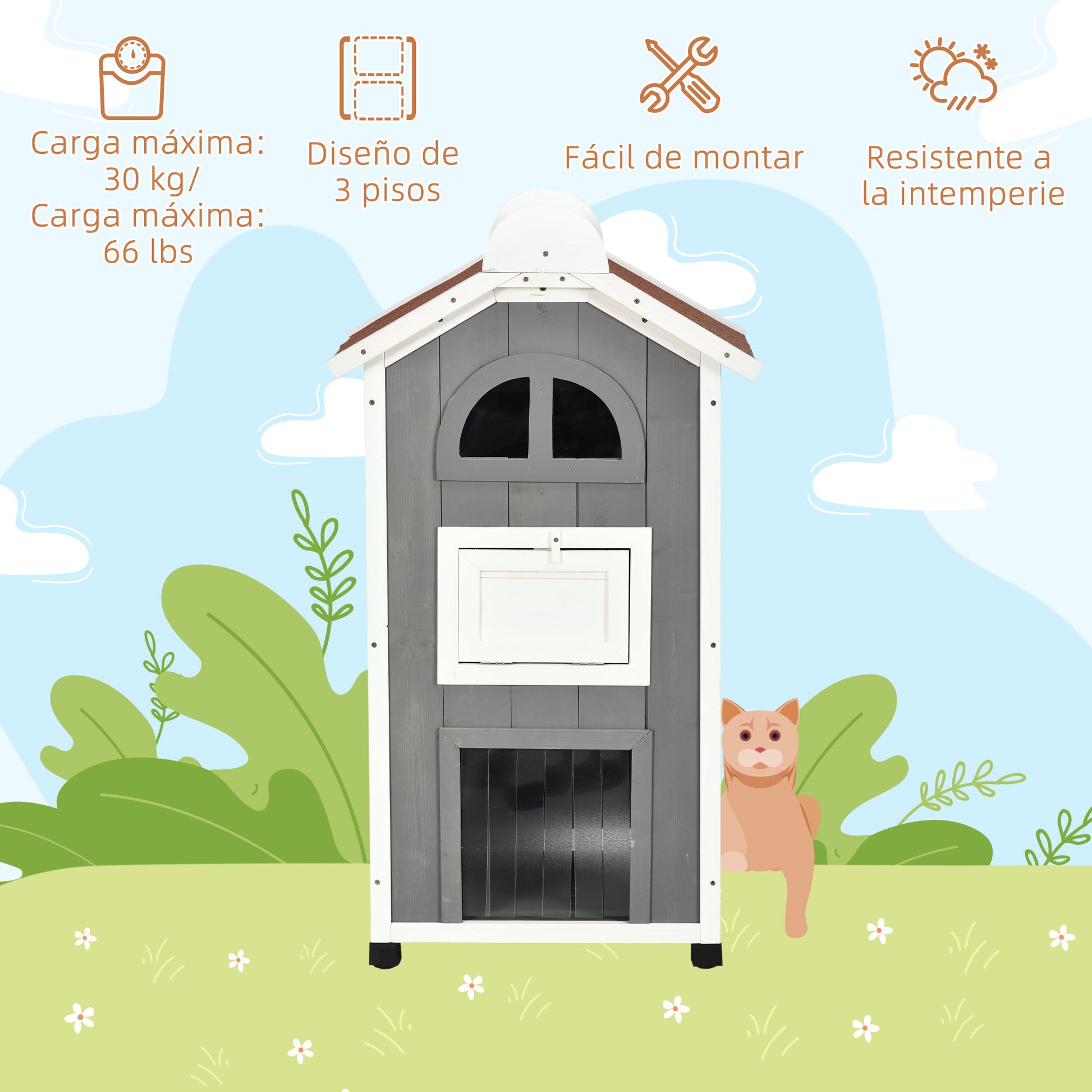 Pawhut Casa Para Gatos De Madera 59x55x109 Cm Con Techo Asfáltico Escalera Gris_5