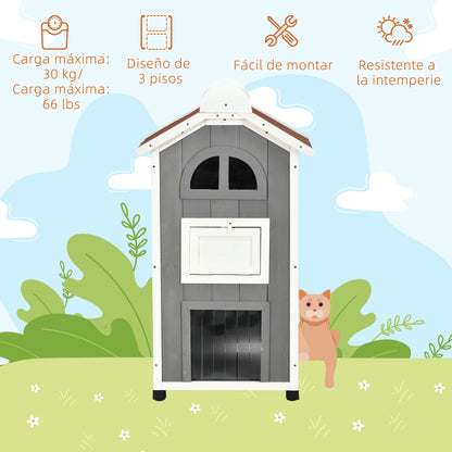 Pawhut Casa Para Gatos De Madera 59x55x109 Cm Con Techo Asfáltico Escalera Gris_5