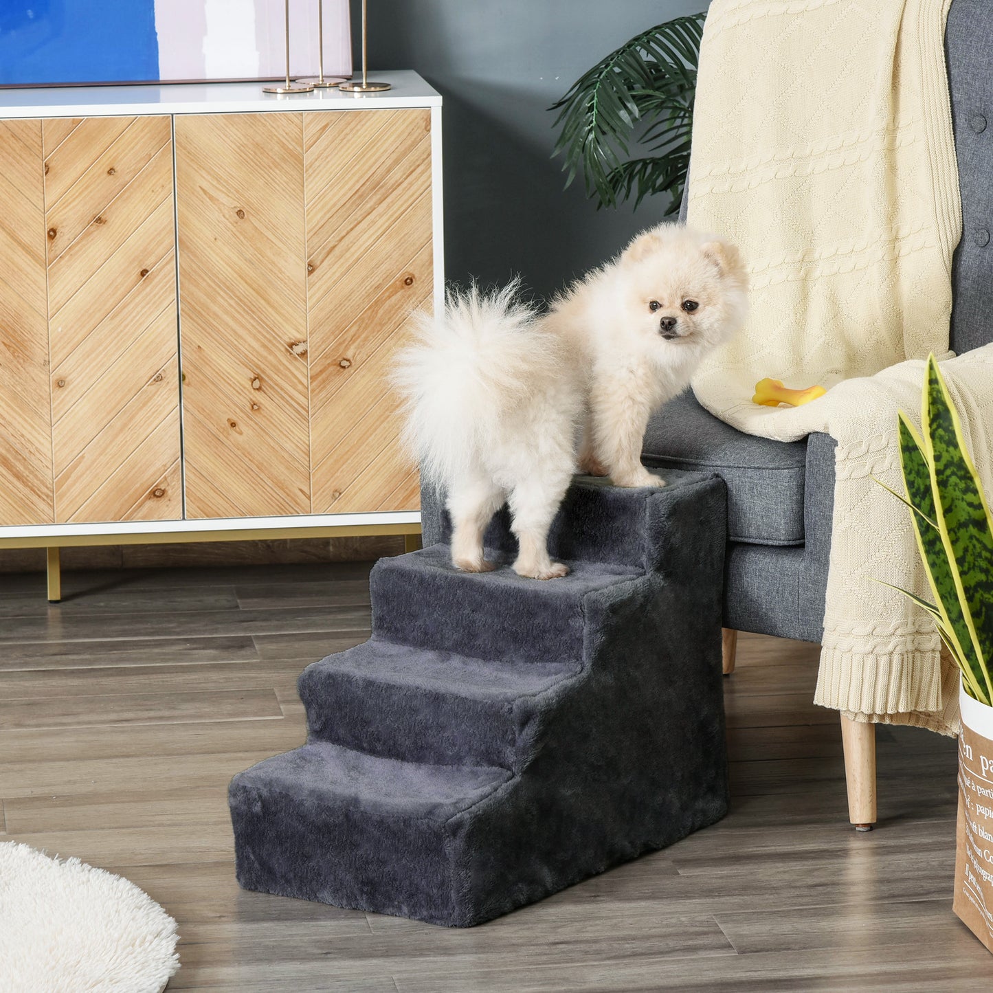 Pawhut Escalera Para Perros De 4 Peldaños Con Funda Extraíble 60x35x44 Cm Gris_1