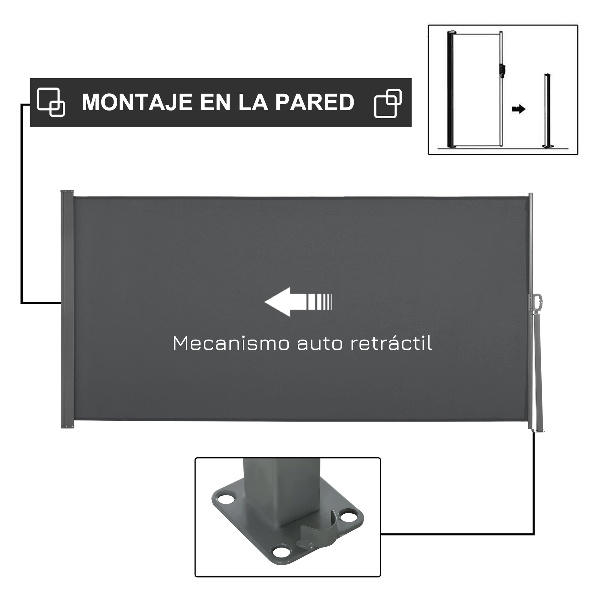 Outsunny Toldo Lateral Retráctil 300x160 Cm Pantalla Enrollable Para Jardín Gris_3