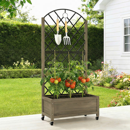 Outsunny Jardinera De Madera Con Enrejado Metálico Y Ruedas Carbonizado_4