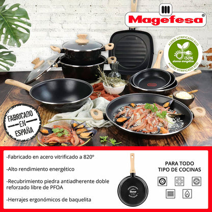 Batería Cocina Inducción 6 Piezas, Antiadherente Libre Pfoa, Exterior Negro Asas Efecto Madera Magefesa Orbe, Negro