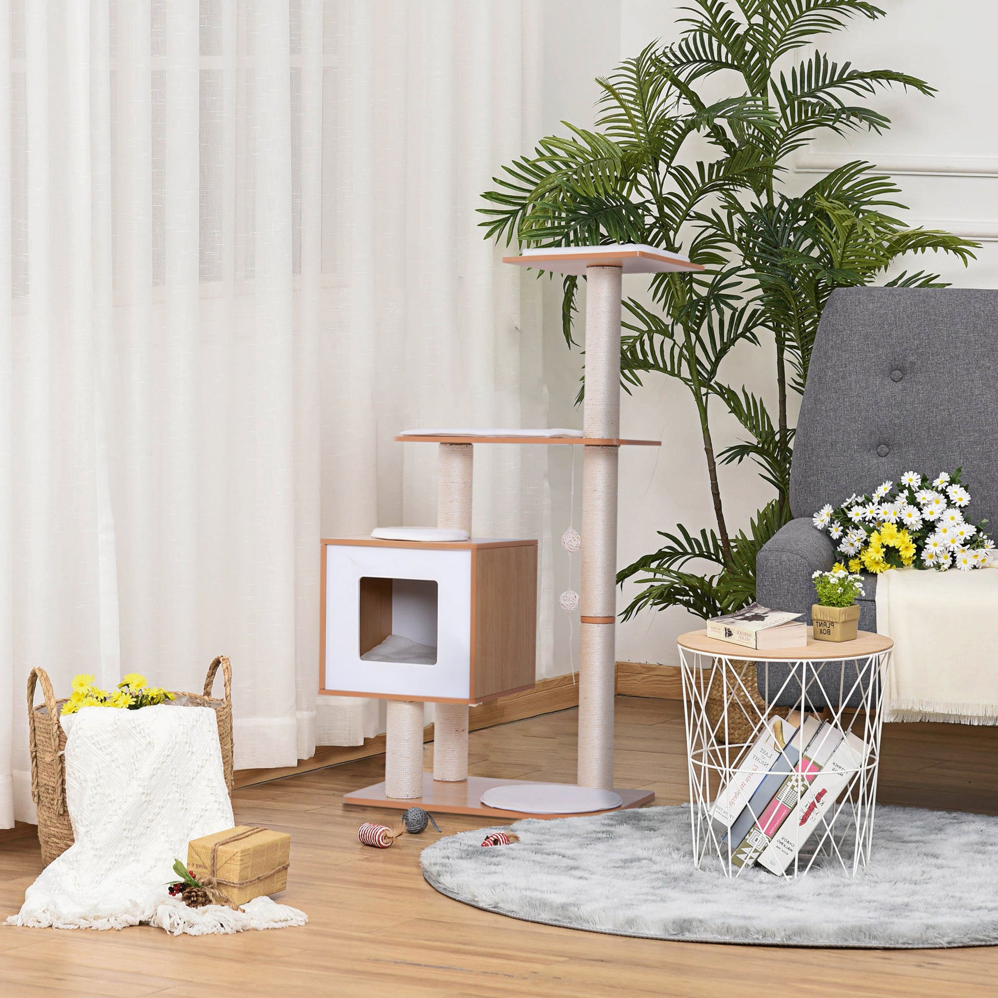 Pawhut Árbol Rascador Gatos De Madera 71,5x49,5x120 Cm Con Cueva Postes De Sisal_1