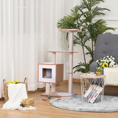 Pawhut Árbol Rascador Gatos De Madera 71,5x49,5x120 Cm Con Cueva Postes De Sisal_1