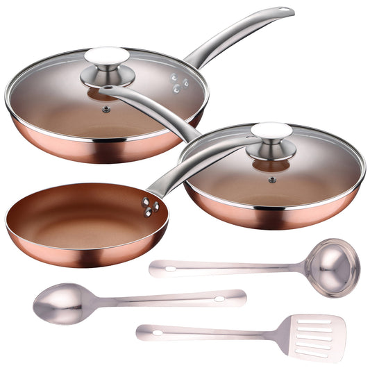 Set 5pc Sartenes (con Tapa) Aluminio Prensado Inducción Con Set 3 Pc Utensilios Cocina Acero Inoxidable_0