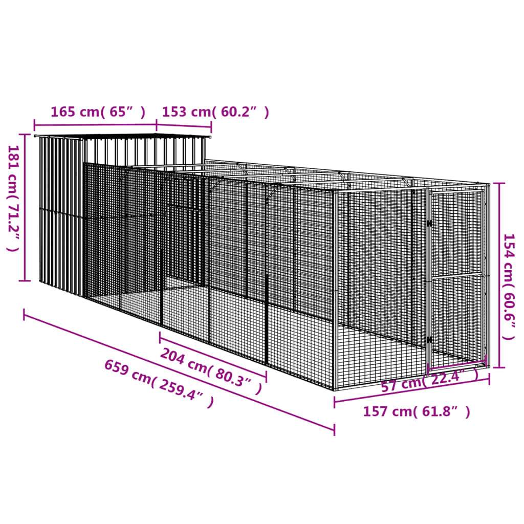 Vidaxl Caseta Perros Con Corral Acero Galvanizado Gris 165x659x181 Cm_2