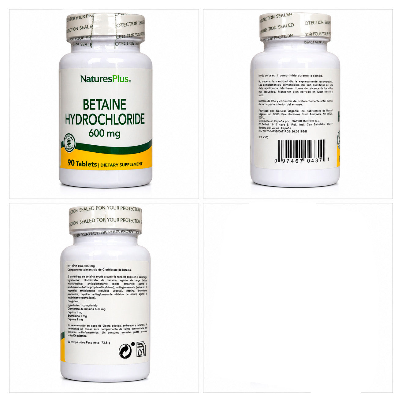 Betaína HCl 600 mg Nature's Plus 90 comprimidos