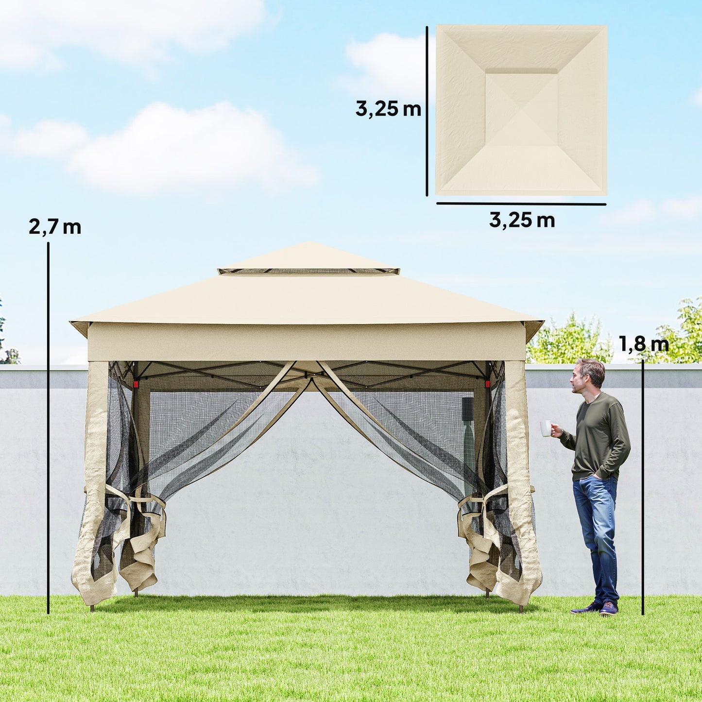 Outsunny Carpa Plegable 3x3x2,7 M Cenador De Jardín Con Doble Techo Crema_2