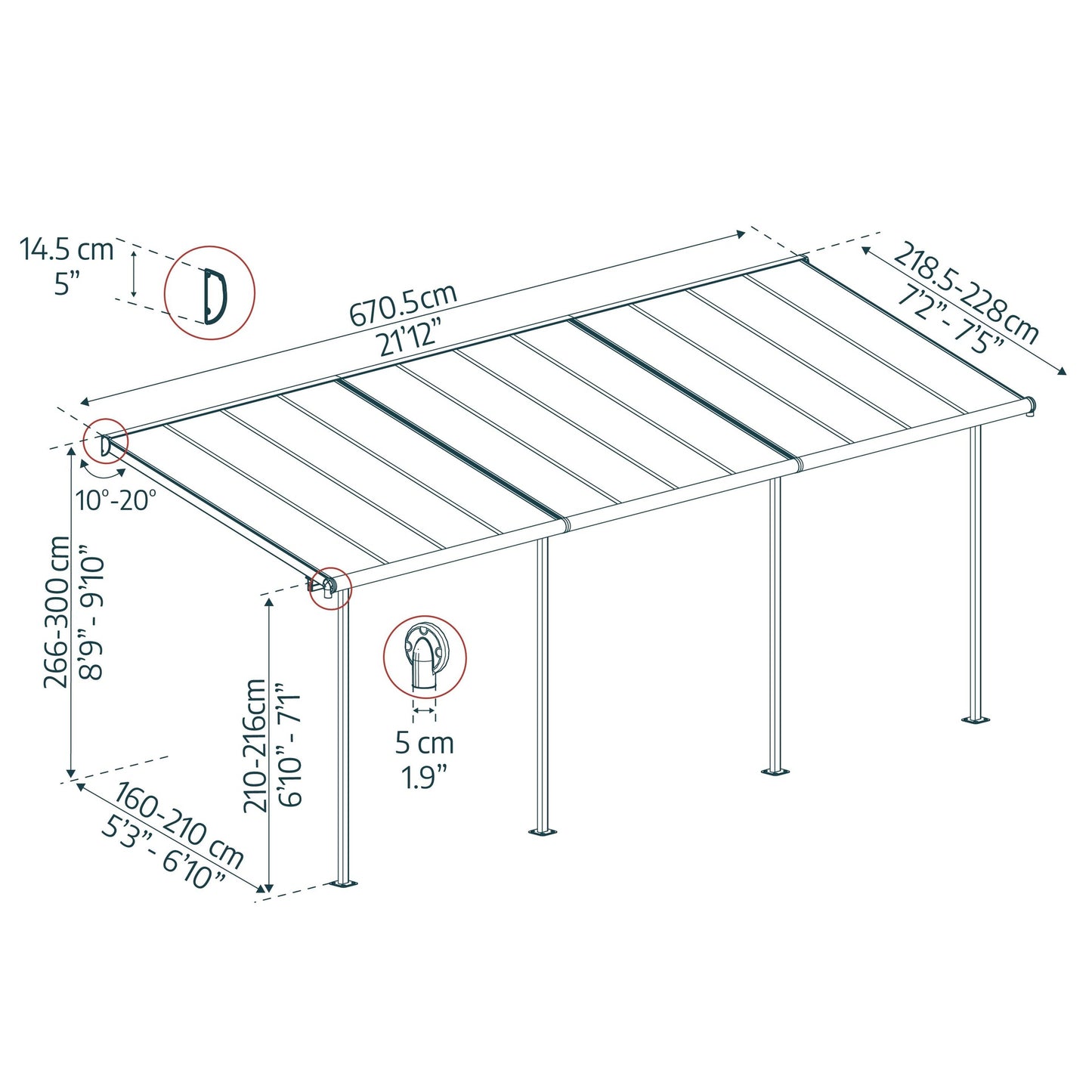 Pérgola adosada Sierra 224x670 cm blanco