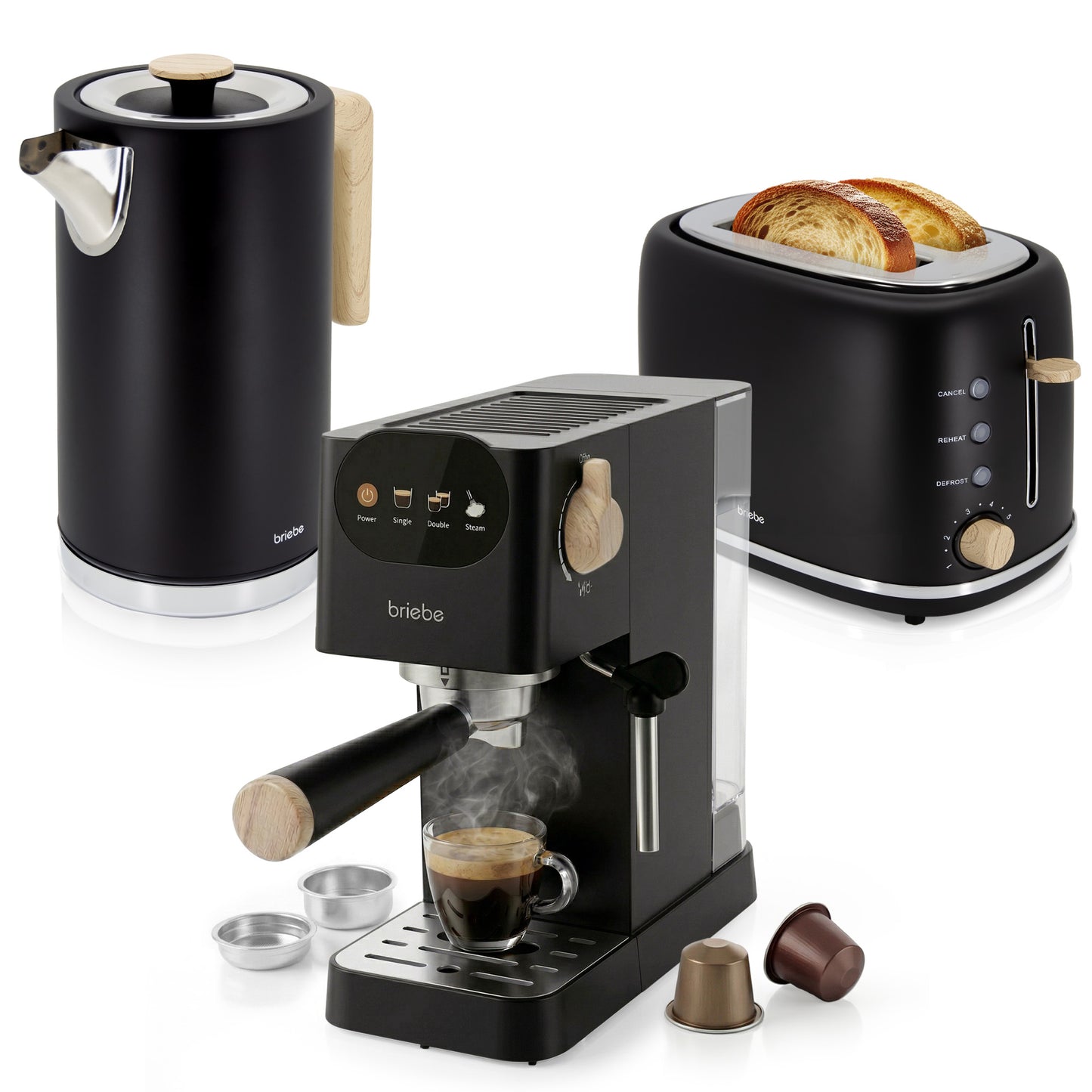 Briebe Nordic Set Cafetera Espresso 20 Bares, Tostadora Pan 2 Rebanadas, Hervidor Eléctrico Agua 1,7l, Skt1209blk, Negro_0