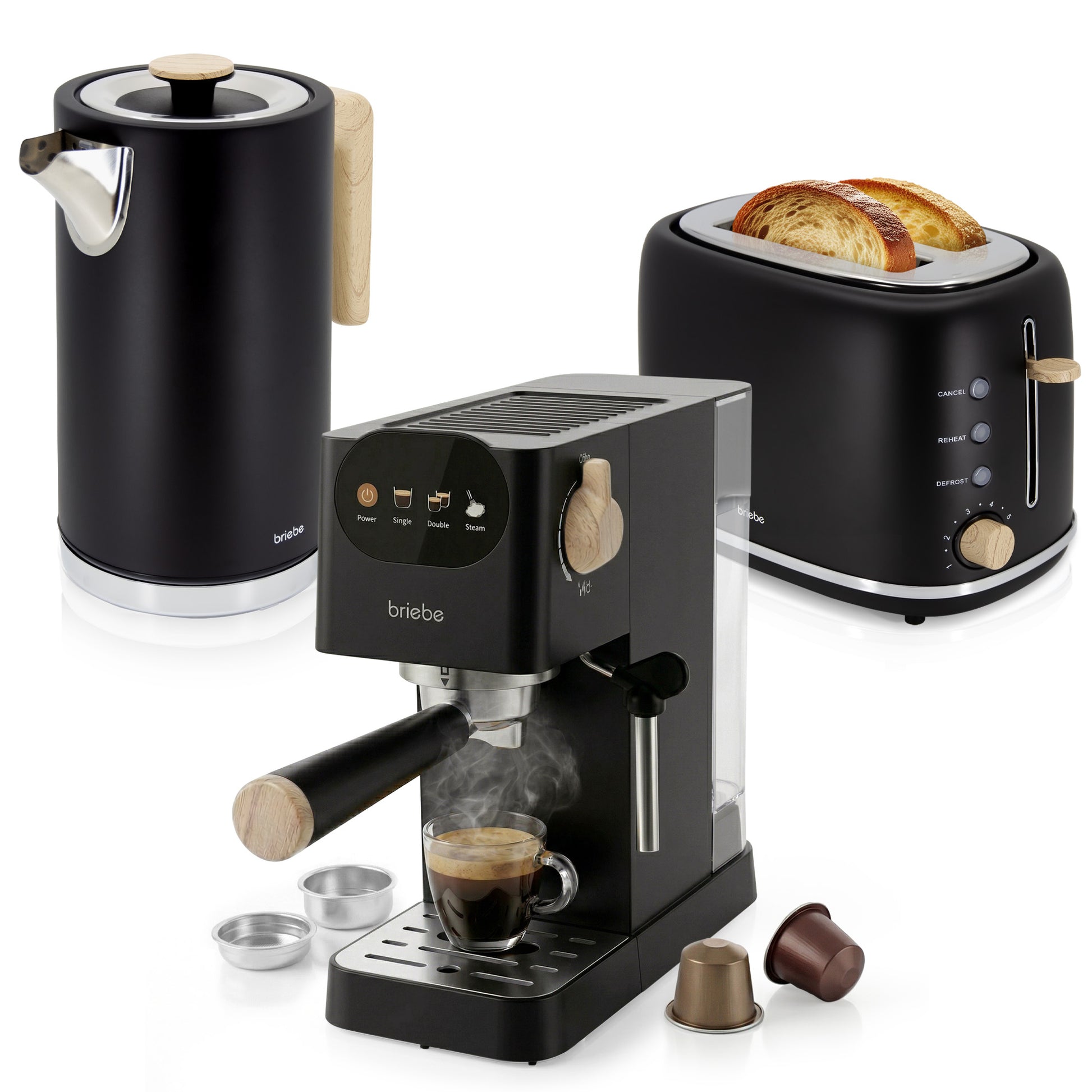 Briebe Nordic Set Cafetera Espresso 20 Bares, Tostadora Pan 2 Rebanadas, Hervidor Eléctrico Agua 1,7l, Skt1209blk, Negro_0