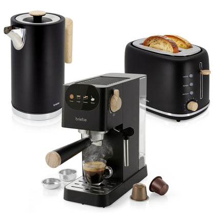 Briebe Nordic Set Cafetera Espresso 20 Bares, Tostadora Pan 2 Rebanadas, Hervidor Eléctrico Agua 1,7l, Skt1209blk, Negro_0
