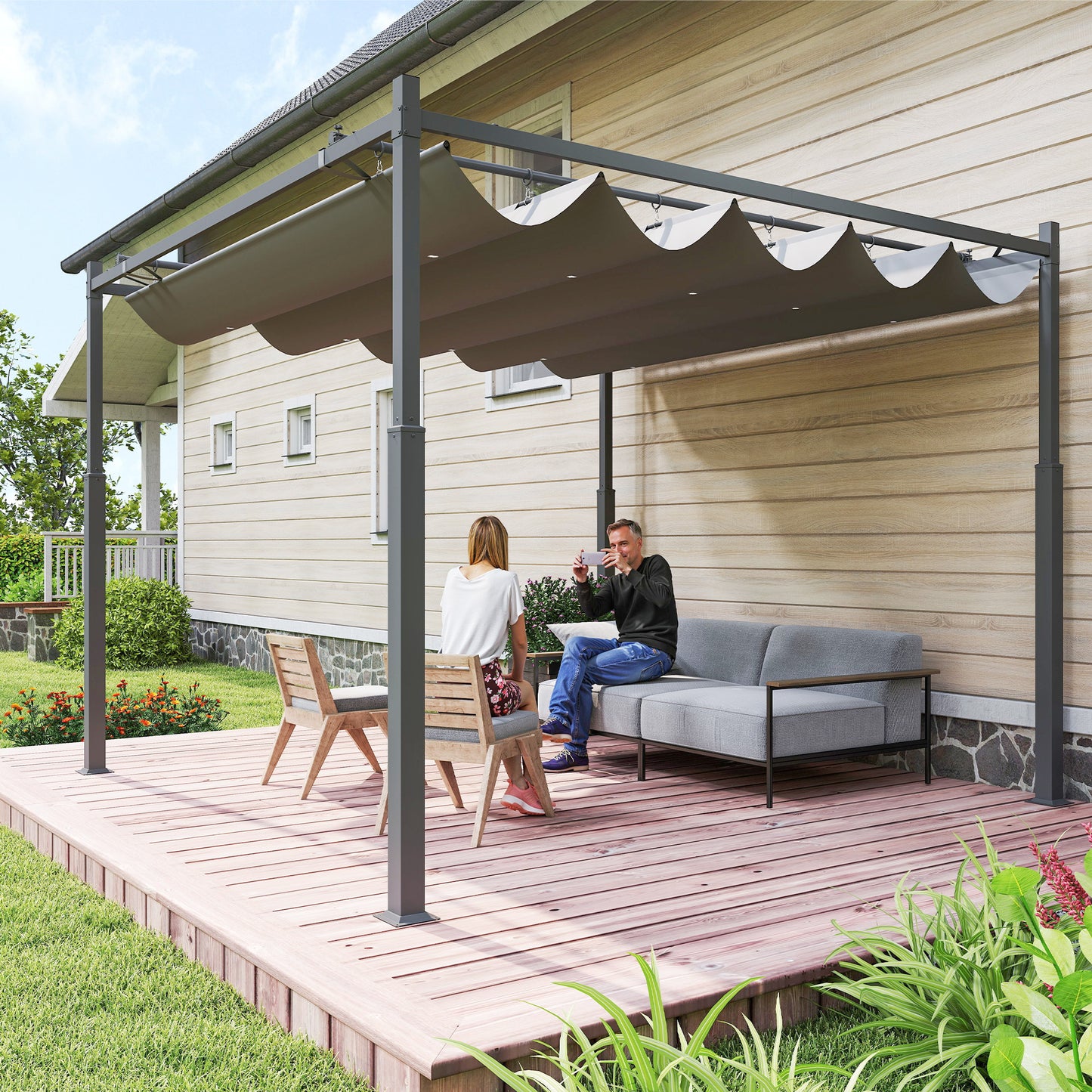 Outsunny Pérgola De Jardín 3x3 M Con Techo Retráctil Y Accesorio Magnético_1