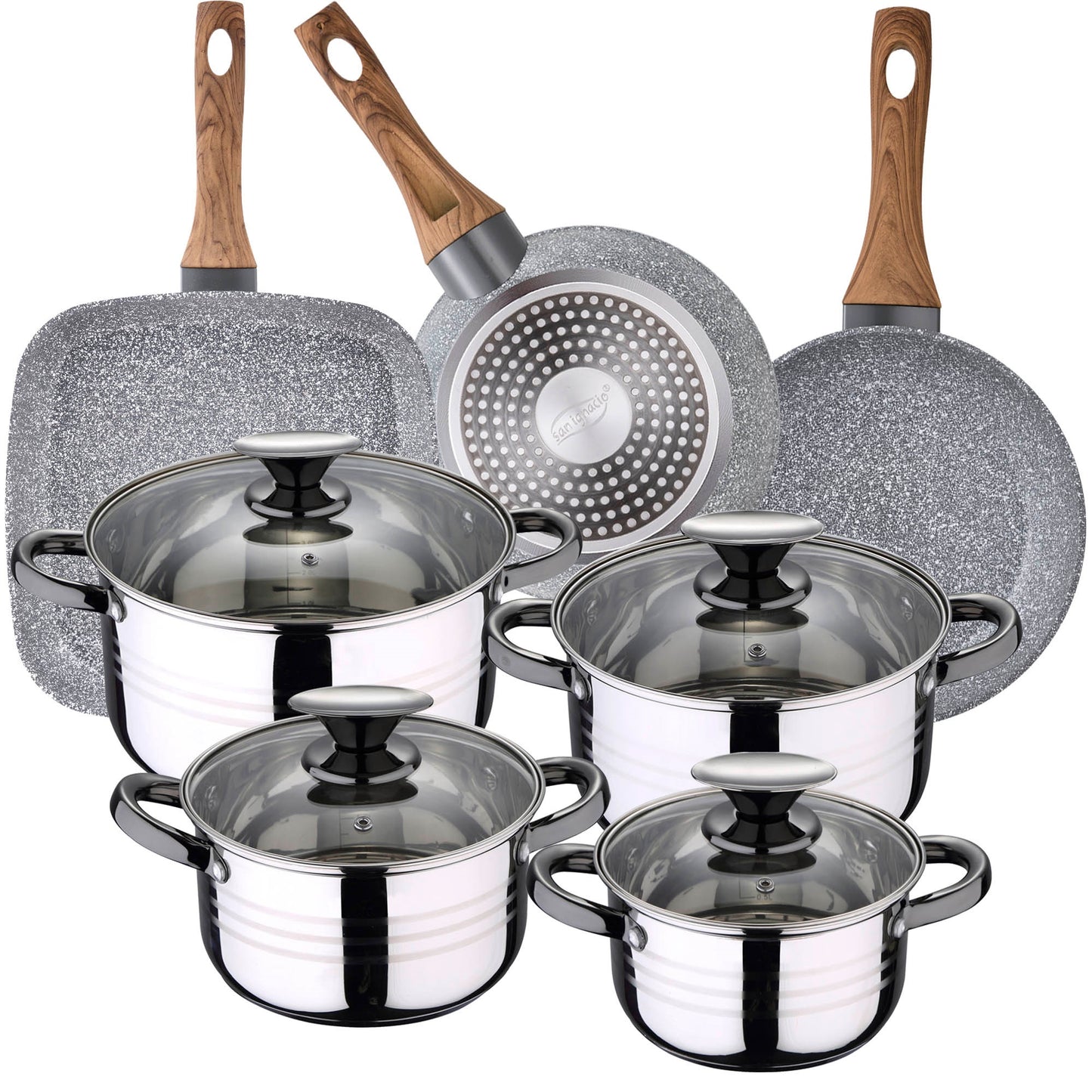 Bateria De Cocina 8 Piezas San Ignacio Dina Acero Inox y Sartenes 18-22 Cm  Grill 28 cm