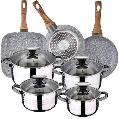 Bateria De Cocina 8 Piezas San Ignacio Dina Acero Inox y Sartenes 18-22 Cm  Grill 28 cm