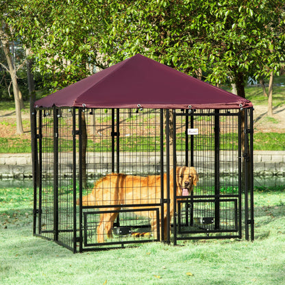 Pawhut Perrera De 8 Paneles Con 2 Cuencos Y Toldo 141x141x153 Cm Negro Y Rojo_1