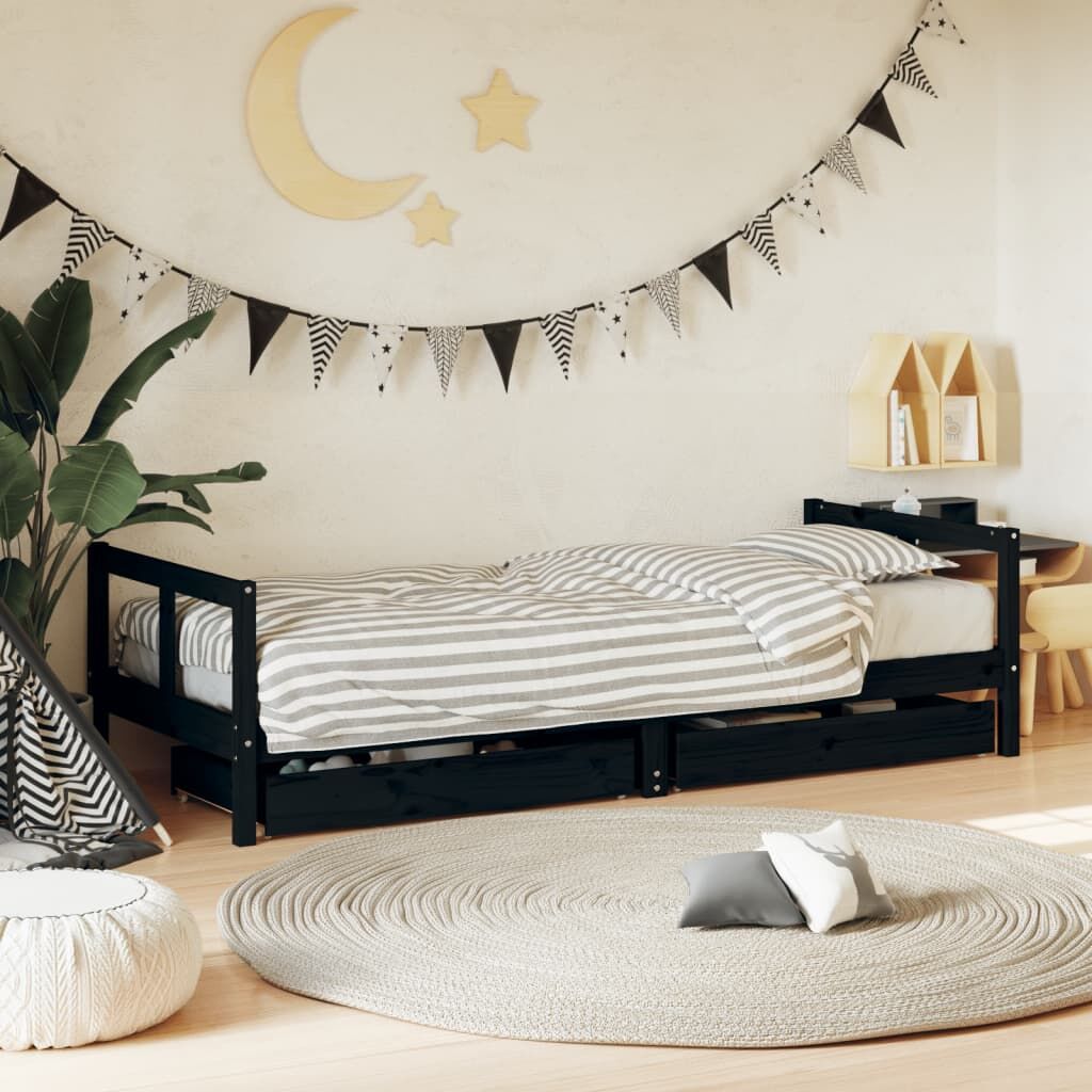 Vidaxl Estructura De Cama Niños Con Cajones Madera Pino Negro 80x200cm_1
