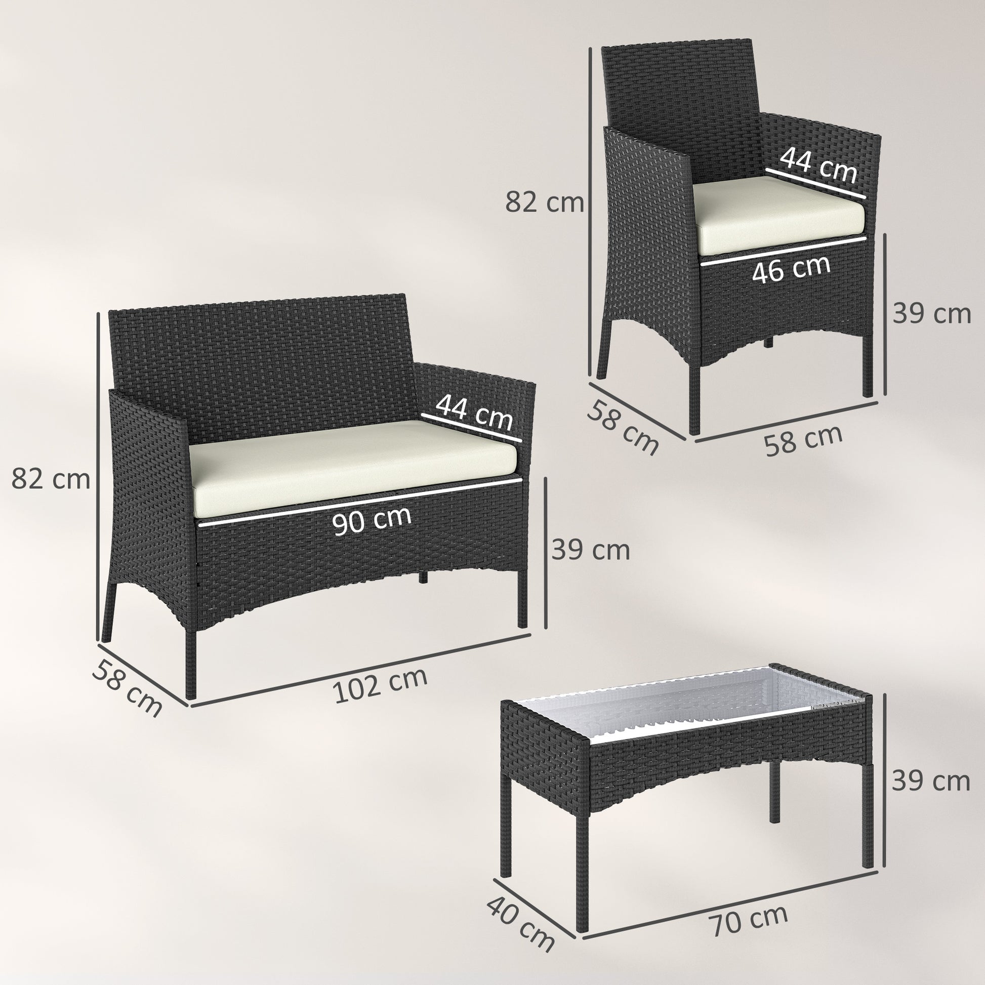 Outsunny Conjunto Jardín Exterior De Ratán Sintético Con Cojines Negro Y Crema_2