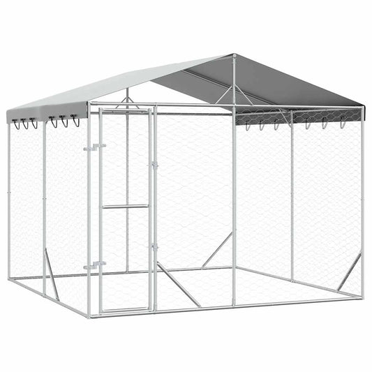 Perrera De Exterior Con Techo Acero Galvanizado Plata 3x3x2,5 M_0