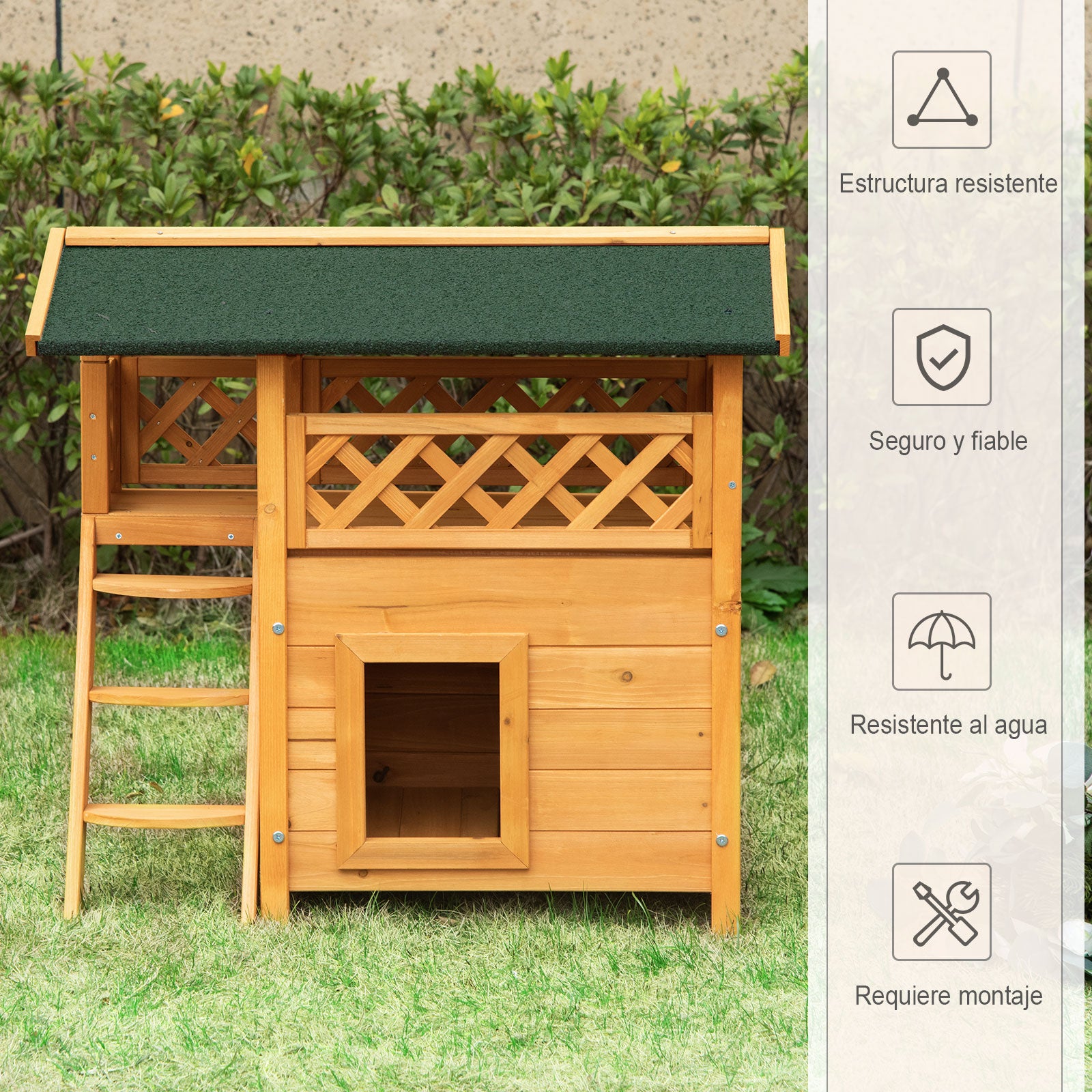 Pawhut Caseta Para Gatos De Madera 77x50x73cm Con Techo Terraza Vallada Natural_5