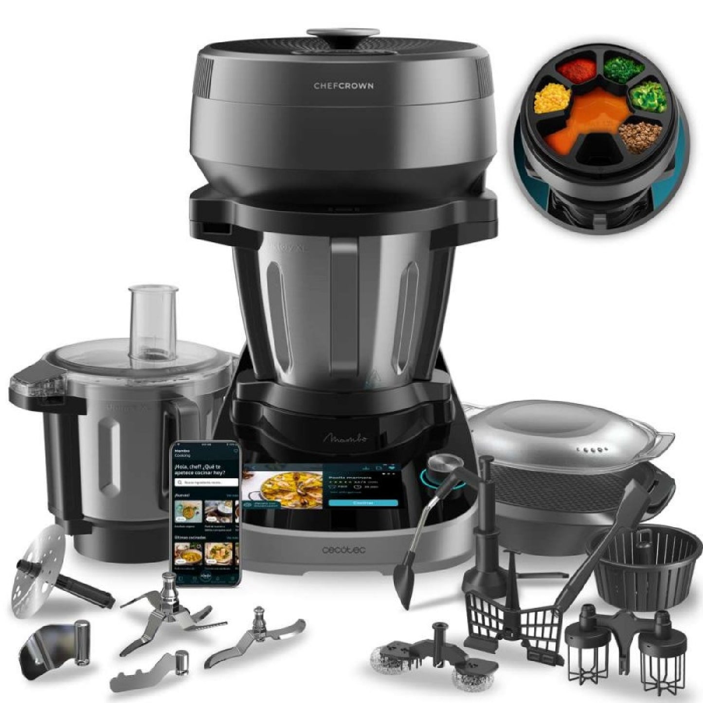 Robot De Cocina Multifunción Con Dispensador De Alimentos Mambo Cooking Total Gourmet. 2200 W, 45 Funciones, Miles De Recetas Guiadas, Jarra Unique_0