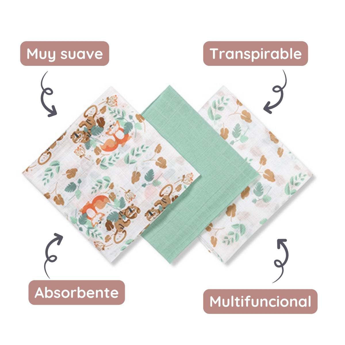 Pack 3 Muselinas Algodón 70x70 Cm Selva_3