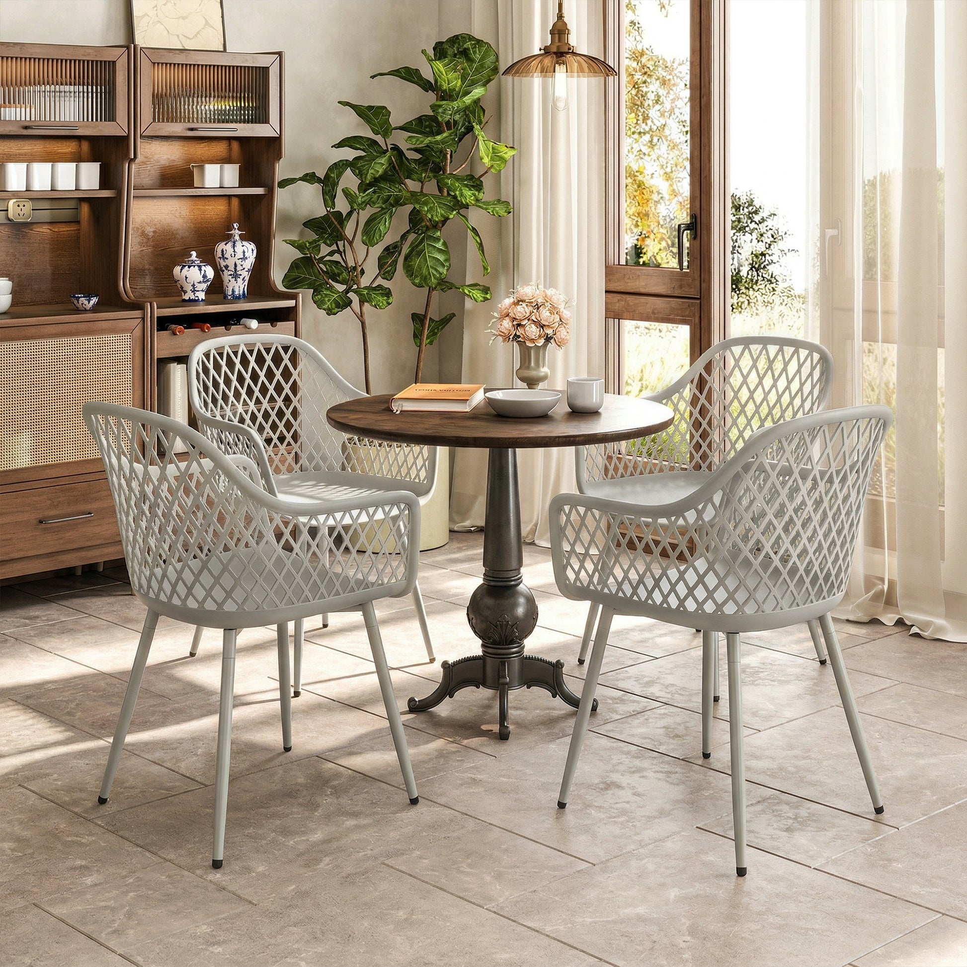 Outsunny Juego De 4 Sillas De Jardín Exterior De Pp Respaldo Diamante Gris_4