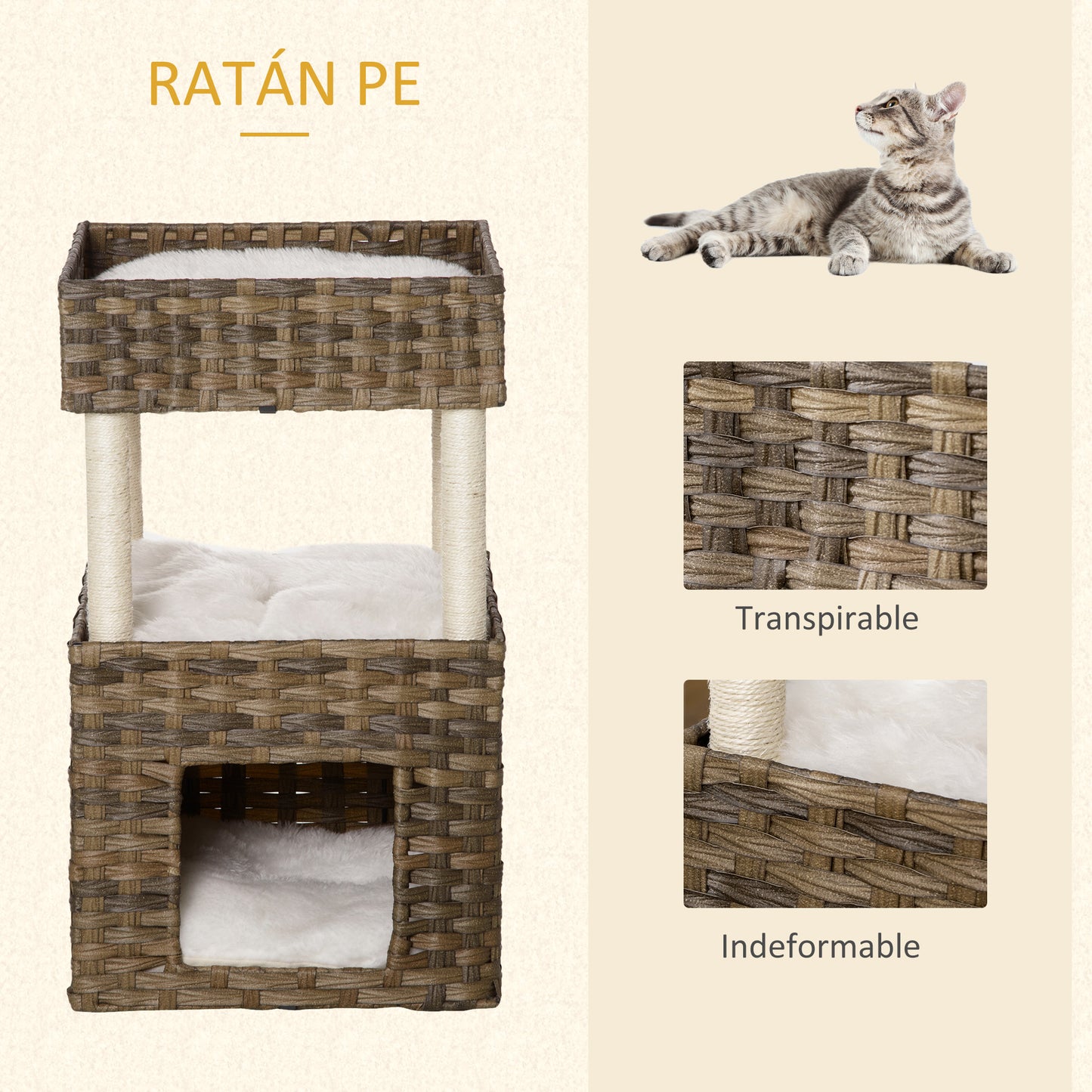 Pawhut Rascador Gatos De Ratán Con Cueva Camas Postes De Sisal Cojines Lavables_5