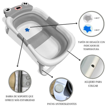 Bathby Bañera Plegable Para Bebés Recién Nacidos, Cojín Rana, Termómetro, Patas Antideslizantes (gris Rana)