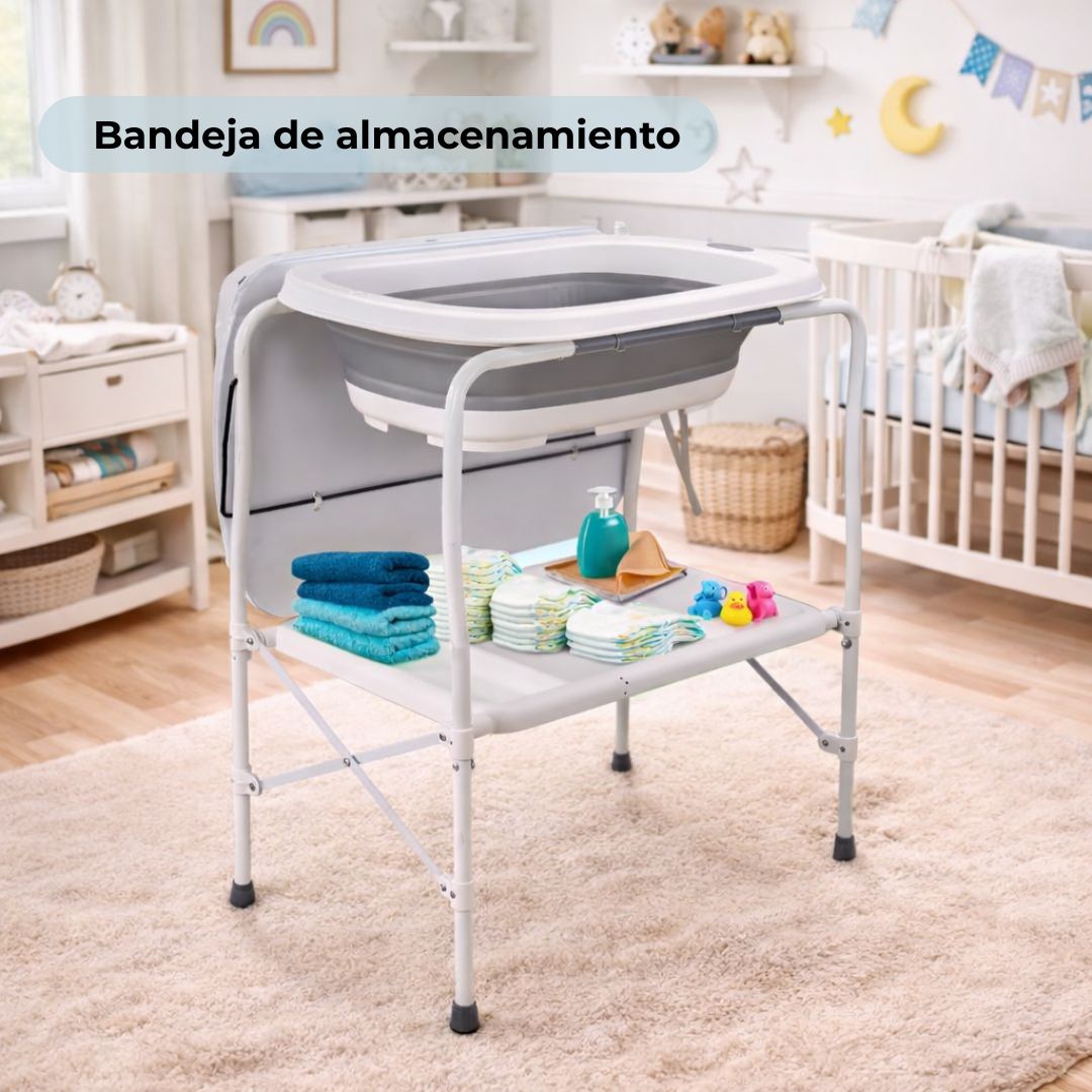 Bañera Bebé 5 En 1 Plegable Con Soporte, Cambiador, Bandejas, Desagüe, Gris Standard Bathby_2