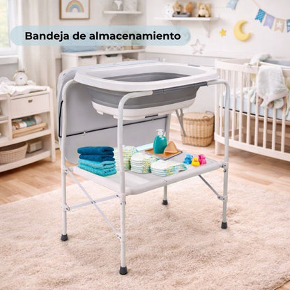 Bañera Bebé 5 En 1 Plegable Con Soporte, Cambiador, Bandejas, Desagüe, Gris Standard Bathby_2