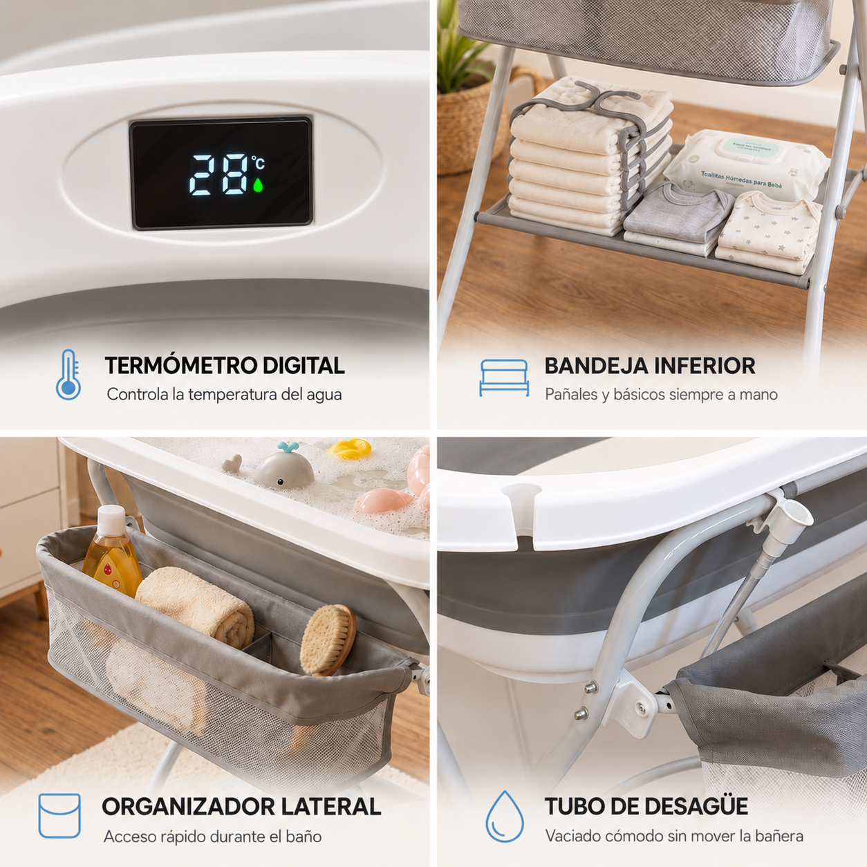 BATHBY, Bañera Plegable para Bebé con Cojín Reductor, termómetro, Uso con o sin Soporte, Patas Antideslizantes, Portátil_4