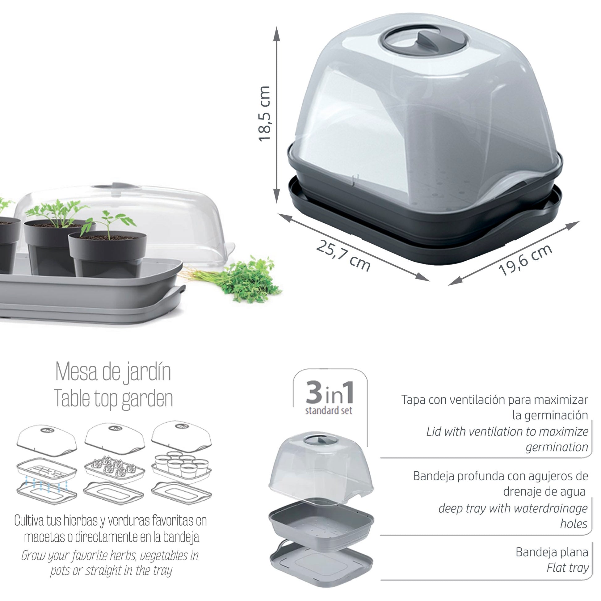 Semillero/bandeja Multiusos Respana Table Greenhouse, Dimensiones (mm) 257x196x185, Color Antracita