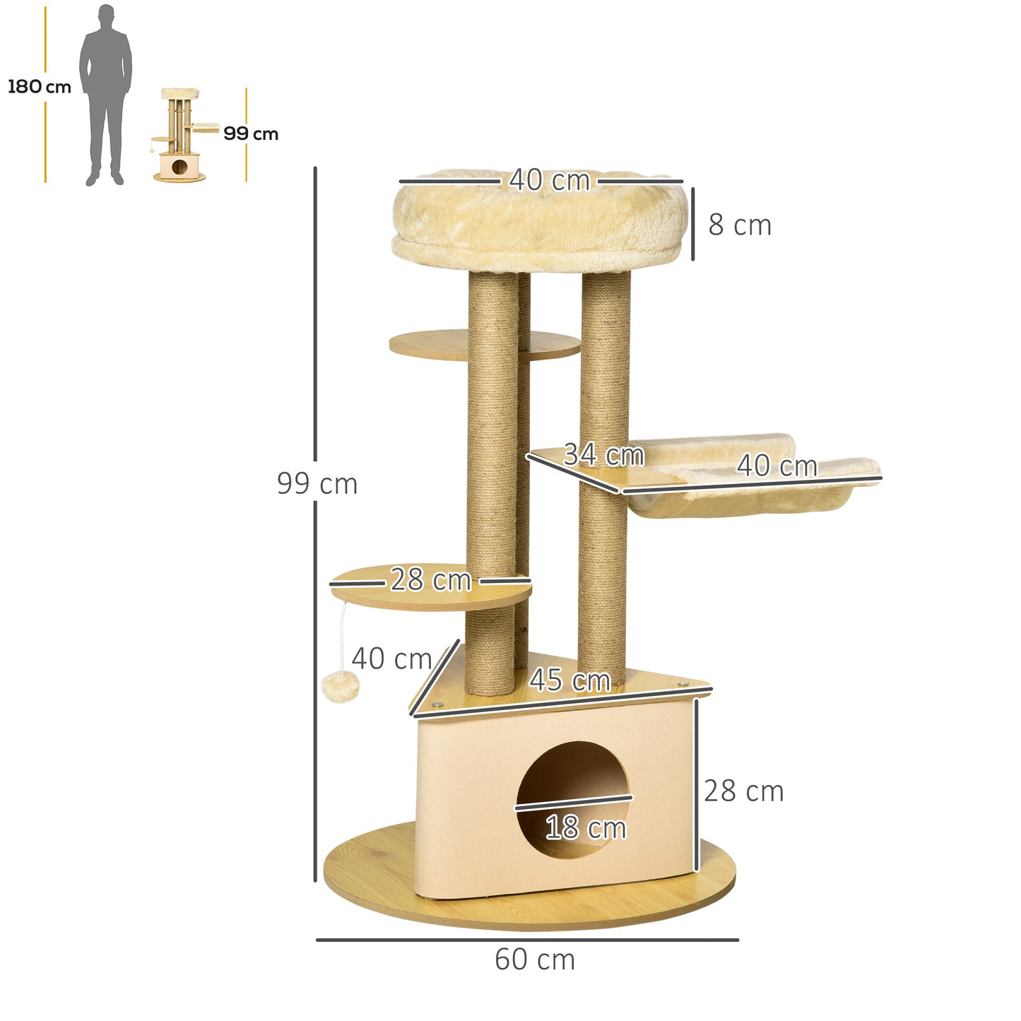 Pawhut Rascador Gatos Ø60x99 Cm Con Cueva Triangular De Fieltro Extraíble Hamaca_2
