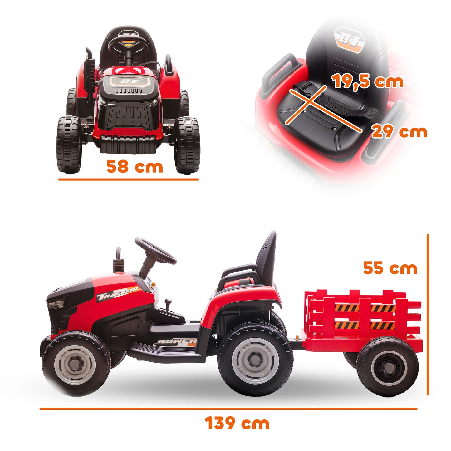 Aiyaplay Tractor Eléctrico Para Niños Con Remolque Desmontable Rojo_2