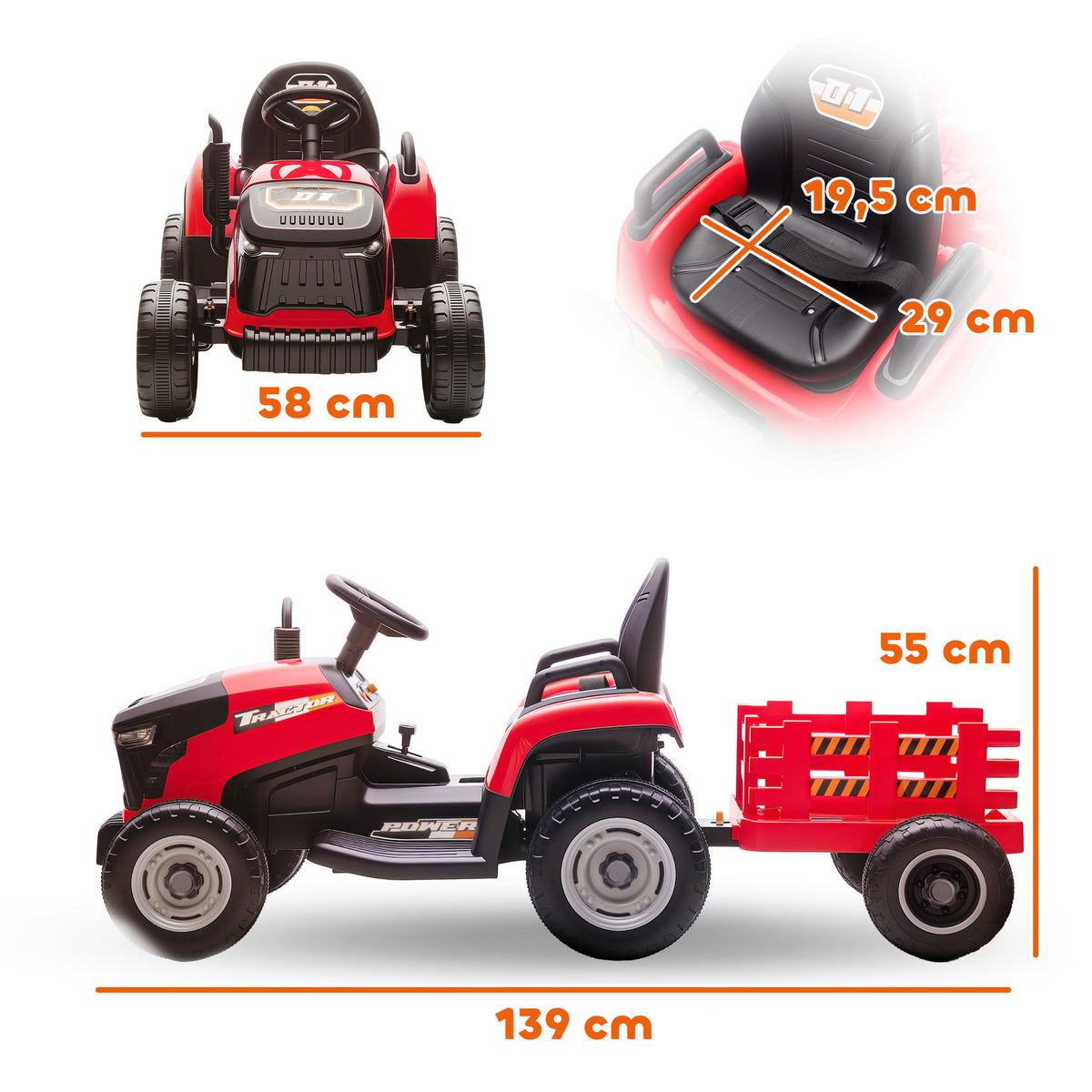 Aiyaplay Tractor Eléctrico Para Niños Con Remolque Desmontable Rojo_2