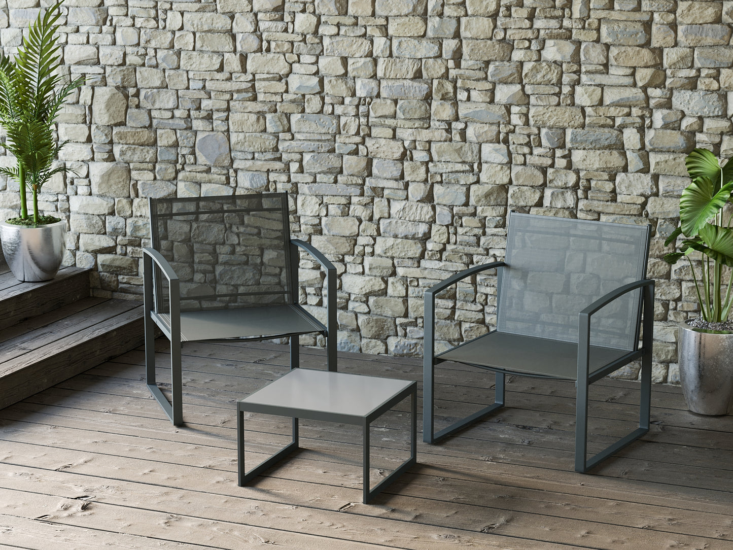 Jakarta Mueble De Jardín 2 Plazas Texaline Y Acero Gris Antracita 2 Sillones + 1 Mesa De Centro - Muebles De Jardín_4