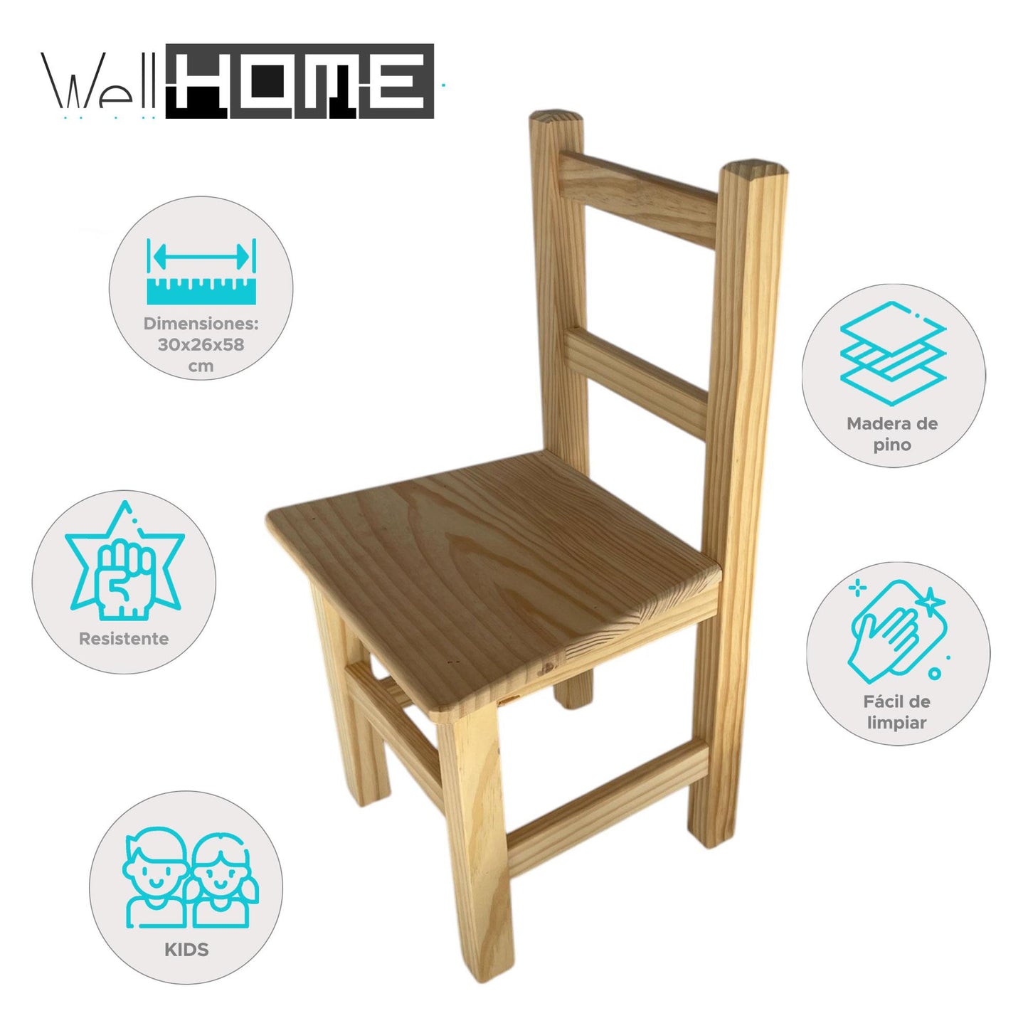 Well Home Silla de Madera Infantil (30 x 26 x 58 cm)_1