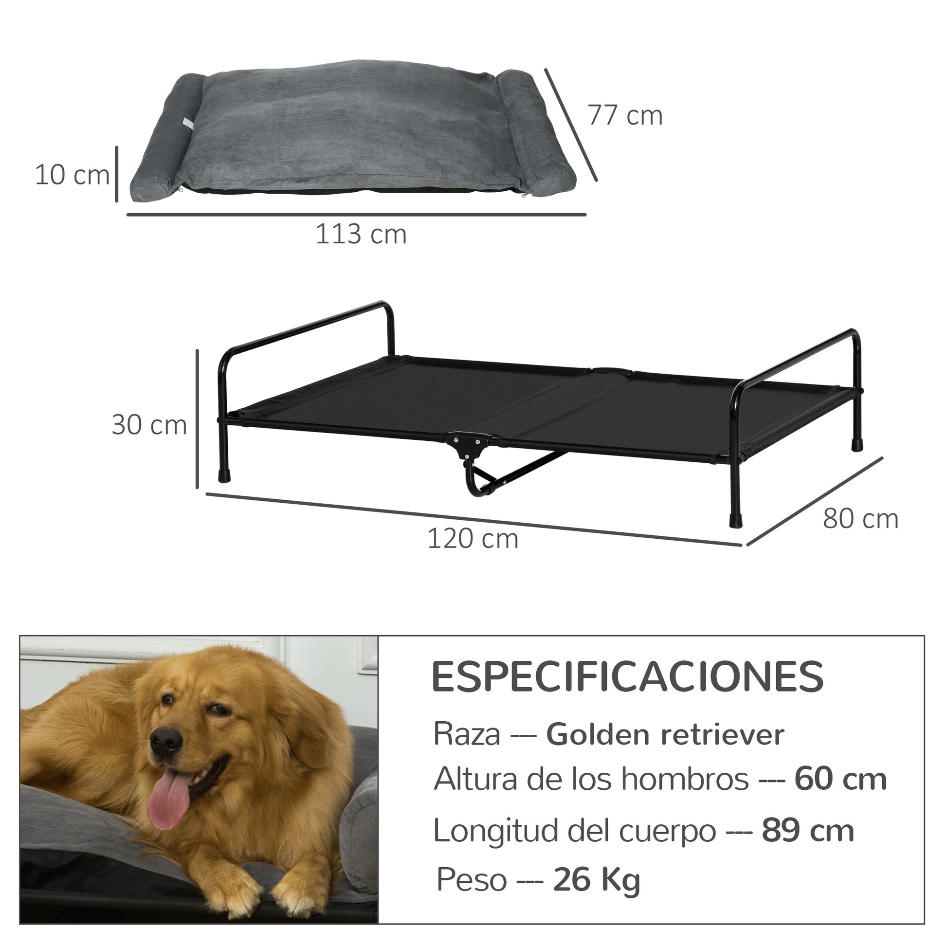 Pawhut Cama Elevada Para Perros Con Cojín Lavable Tela Transpirable 120x80x30cm_2
